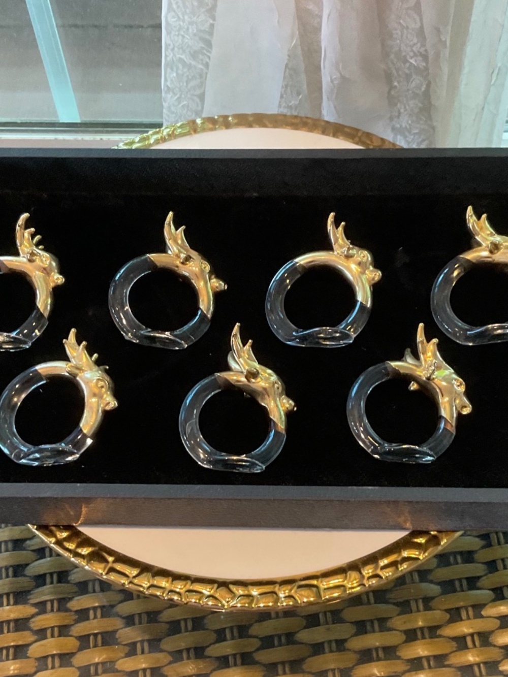 VTG Pier 1 Gold & Glass Reindeer Napkin Rings